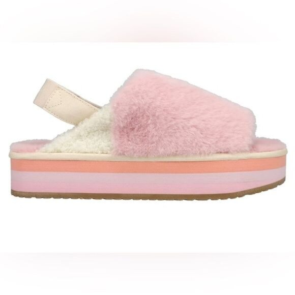 Toms Pink Furry Sofia Eva Slip On Slippers - 8 - Picture 1 of 10
